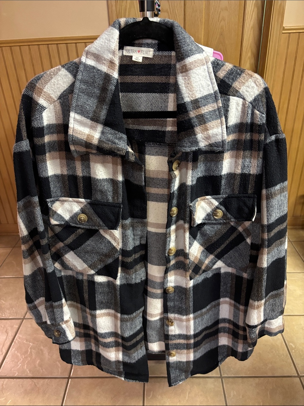 Ultra Flirt Black Gray Cream Plaid Utility Shacket